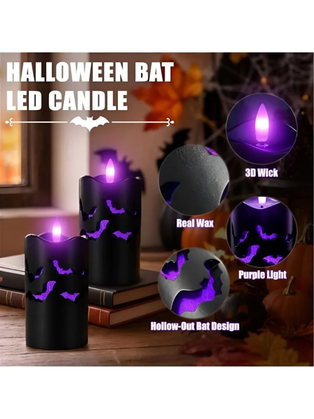 Halloween Flameless Pillar Candles with Bat Cutouts, Remote Control, 2-Pack